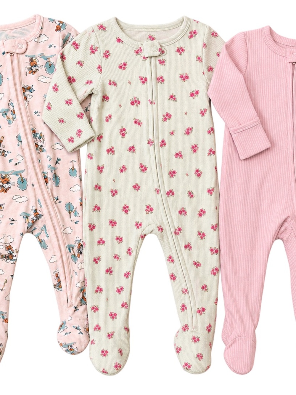3-Pack Pink Floral and Solid Baby Footed One-Pieces